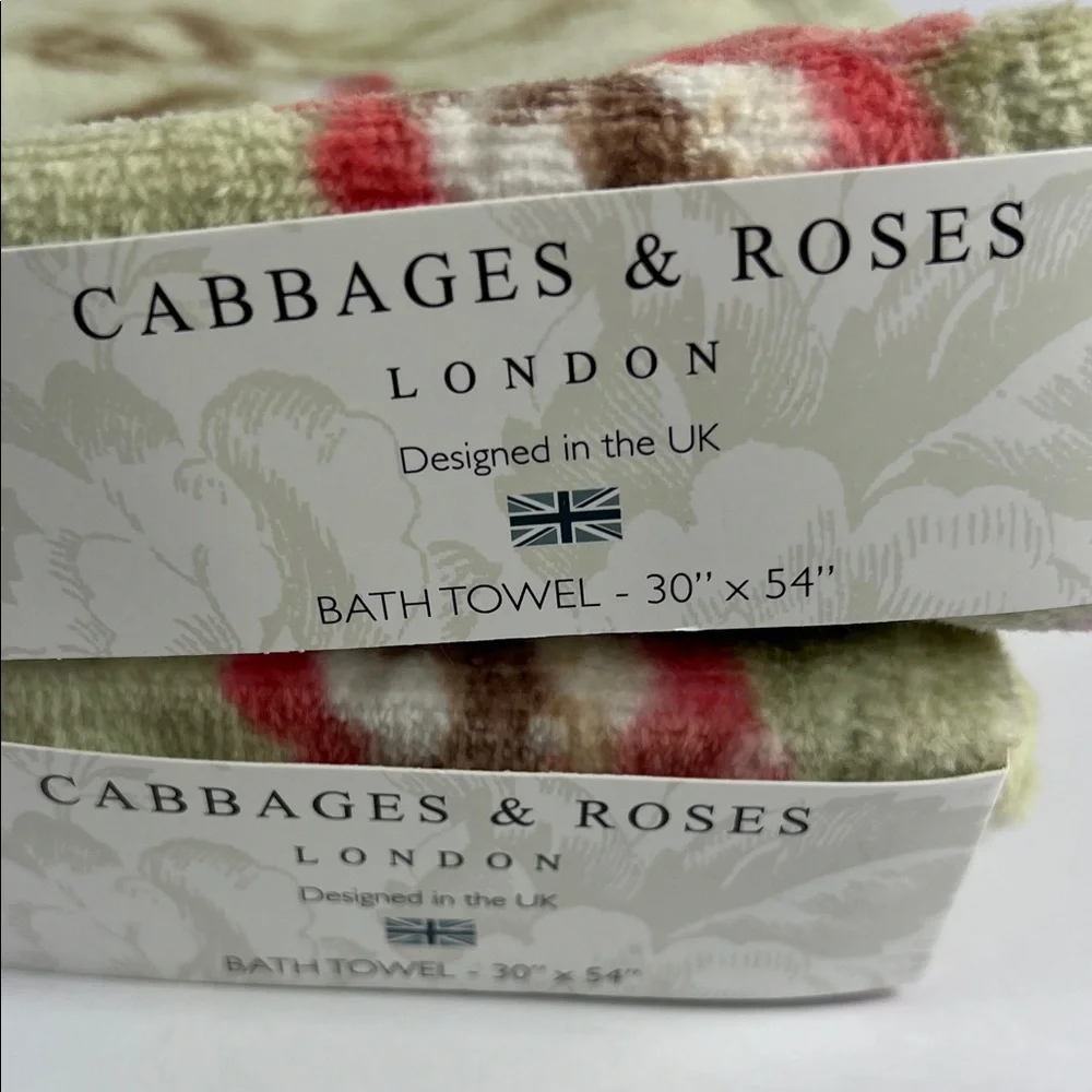 Cabbages & Roses London Bath Towels Green Pink Floral Velour Cotton 2 Pc Set NEW